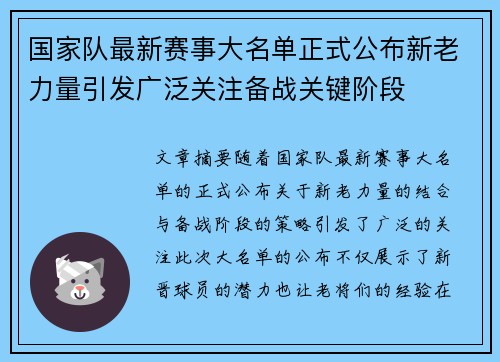 国家队最新赛事大名单正式公布新老力量引发广泛关注备战关键阶段