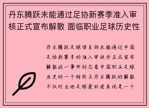 丹东腾跃未能通过足协新赛季准入审核正式宣布解散 面临职业足球历史性转折