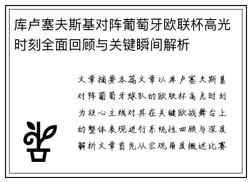 库卢塞夫斯基对阵葡萄牙欧联杯高光时刻全面回顾与关键瞬间解析